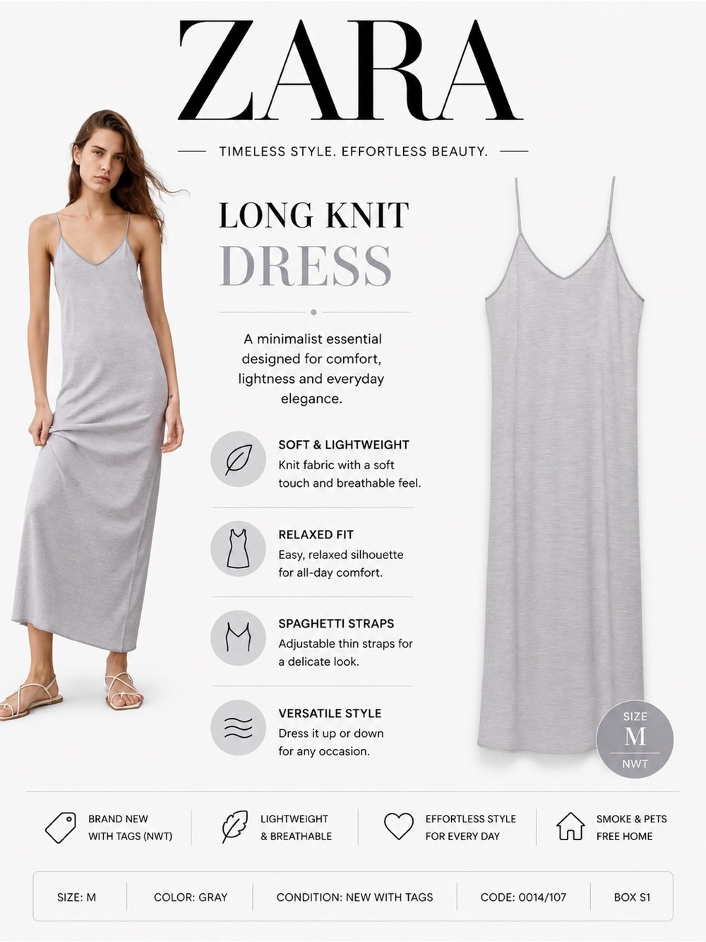 ZARA Gray Long Knit Slip Dress NWT Size M Minimalist Midi